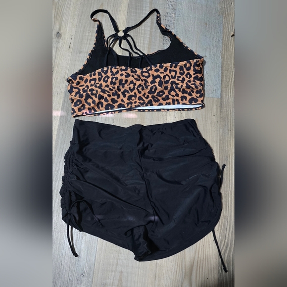 Leopard Print and Black Shorts Swimsuit - Picture 2 of 5